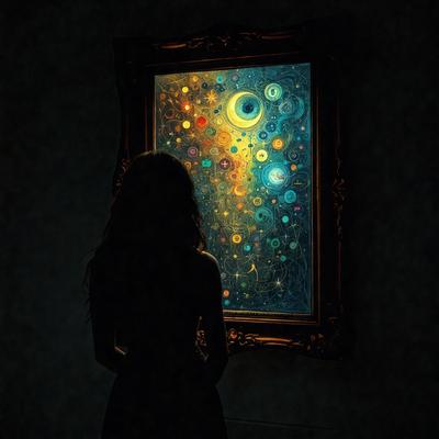 The primary subject of the image is a woman standing in front of a large, colorful painting. The setting is a room with a mirror, and the visual style appears to be a combination of a photo and a digital artwork. The colors and mood of the image are vibrant and lively, with the woman's reflection in the mirror adding depth and interest to the scene.